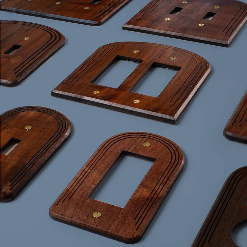 Modern Walnut wood arch light switch plate. 3 arched lines engraved to accentuate the arch