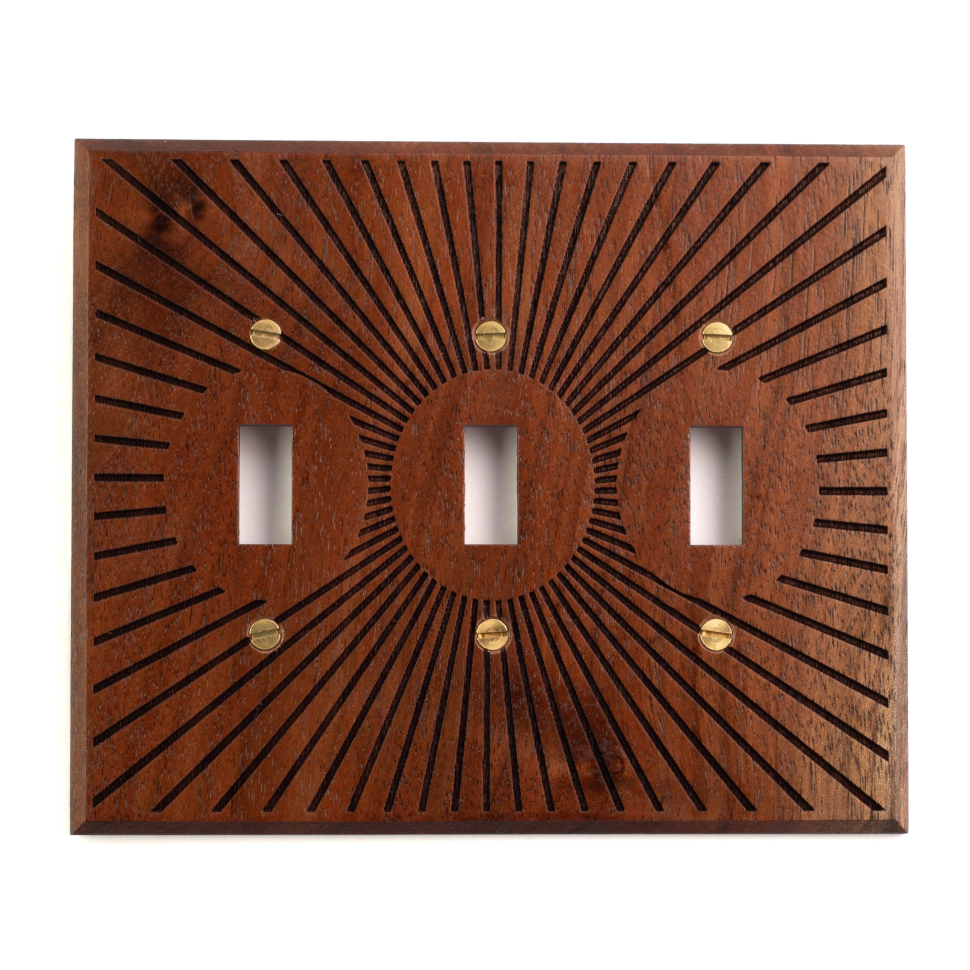 Three Toggle Light switch Cover Walnut with Sunburst Engraving 