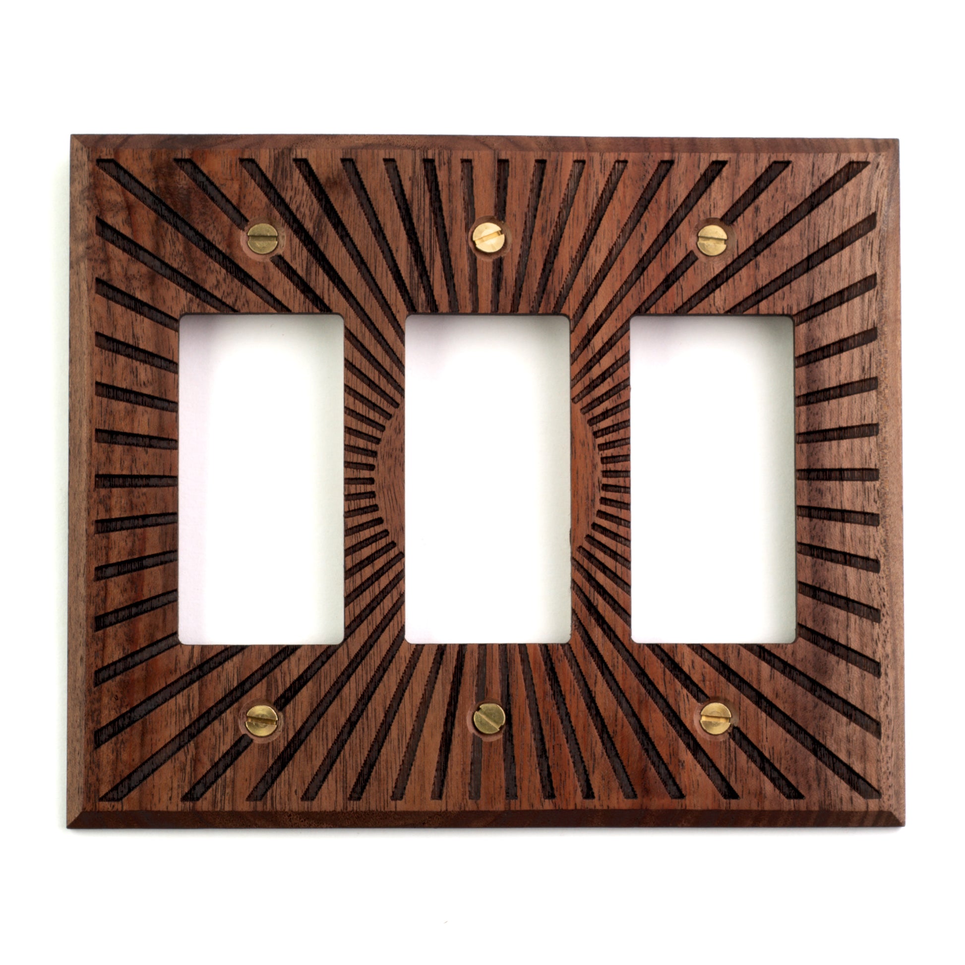 Three Rocker Light Switch Cover Walnut with Sunburst Engraving 