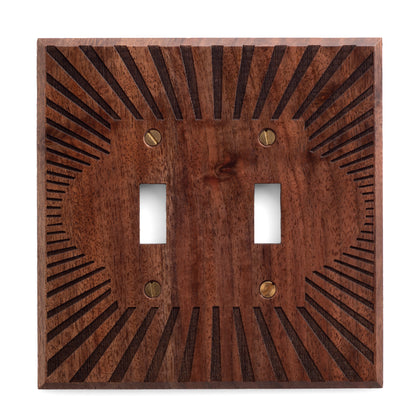 Two Toggle Light switch Cover Walnut with Sunburst Engraving 