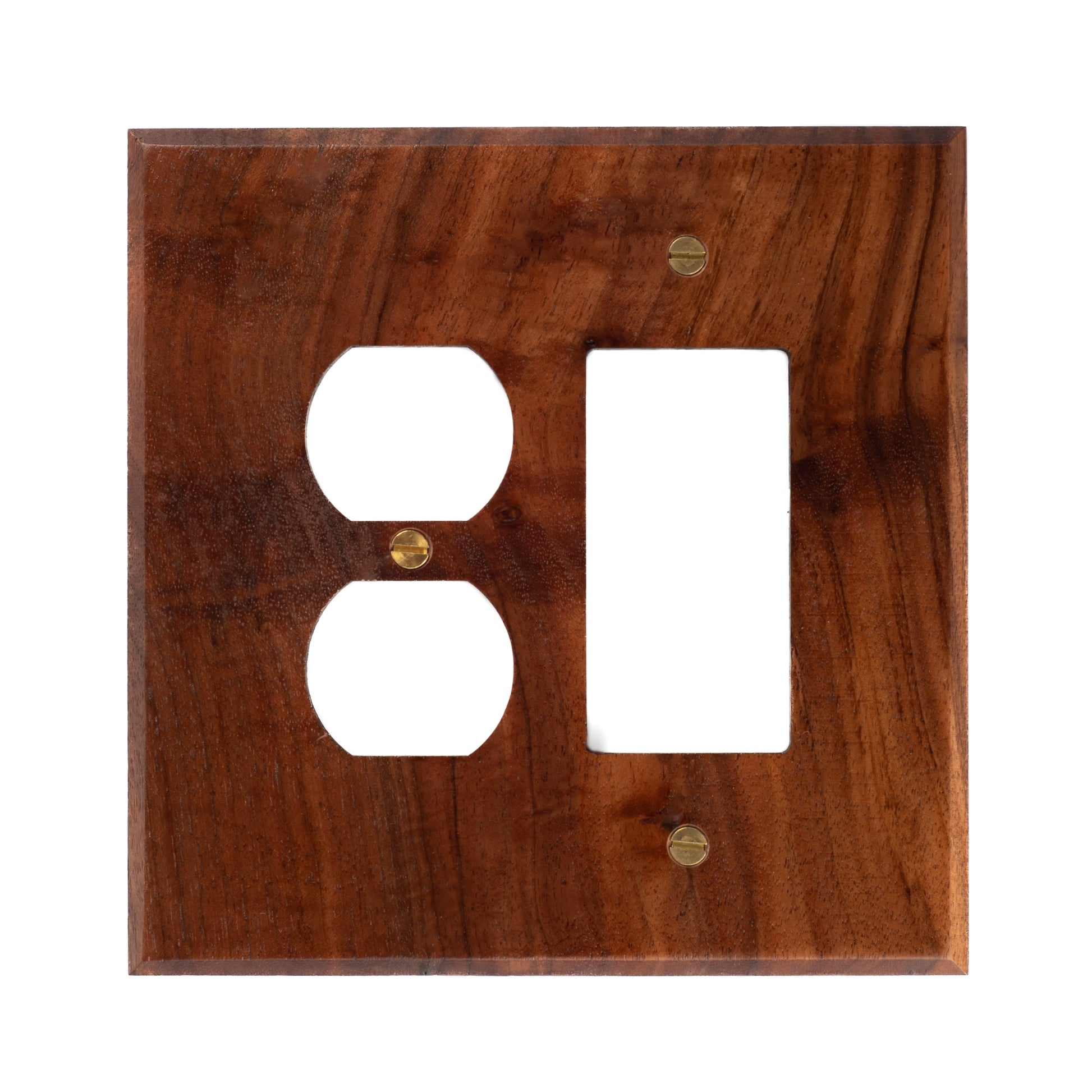 Single Gang Outlet with Single Rocker  Walnut Wood Light Switch Cover with Brass hardware. 