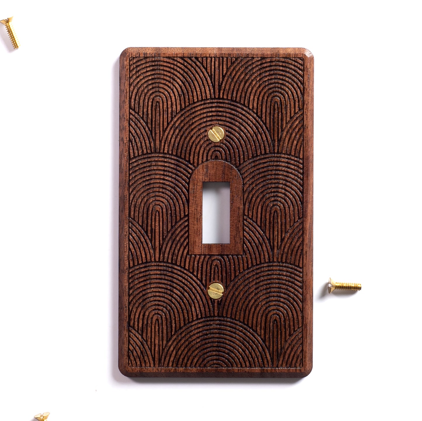 Single Design Toggle Switch Walnut Wooden Light Switch Cover with Boho Rainbow Engraved Design 