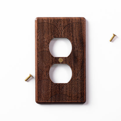 Single Gang Outlet Walnut Wooden Light Switch Cover with Boho Rainbow Engraved Design 