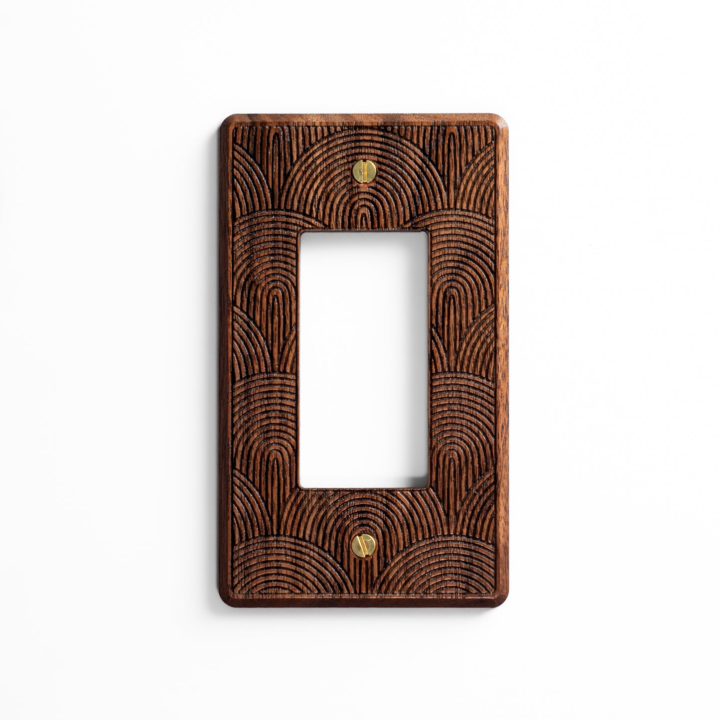 Single Designer Rocker Walnut Wooden Light Switch Cover with Boho Rainbow Engraved Design 