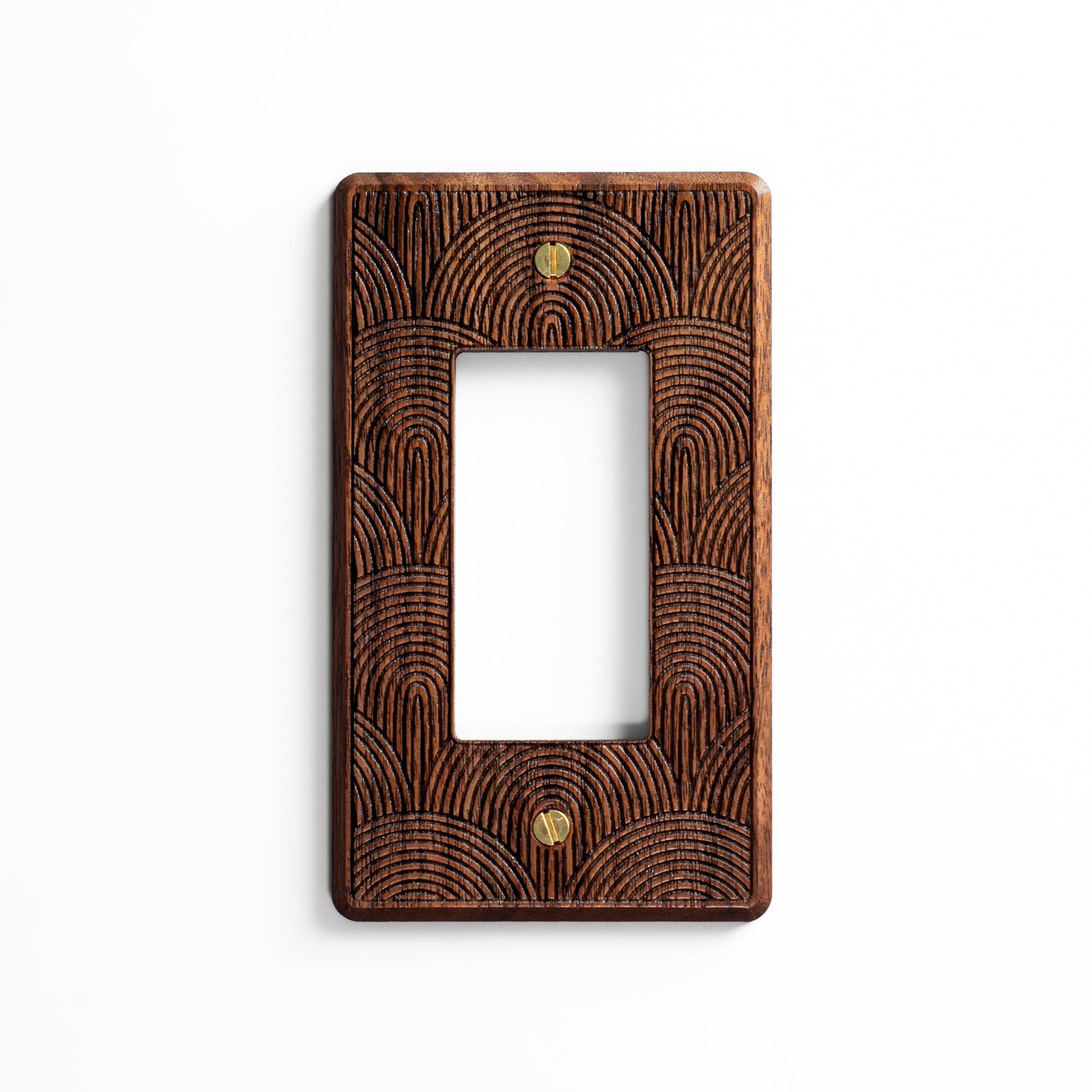 Single Designer Rocker Walnut Wooden Light Switch Cover with Boho Rainbow Engraved Design 