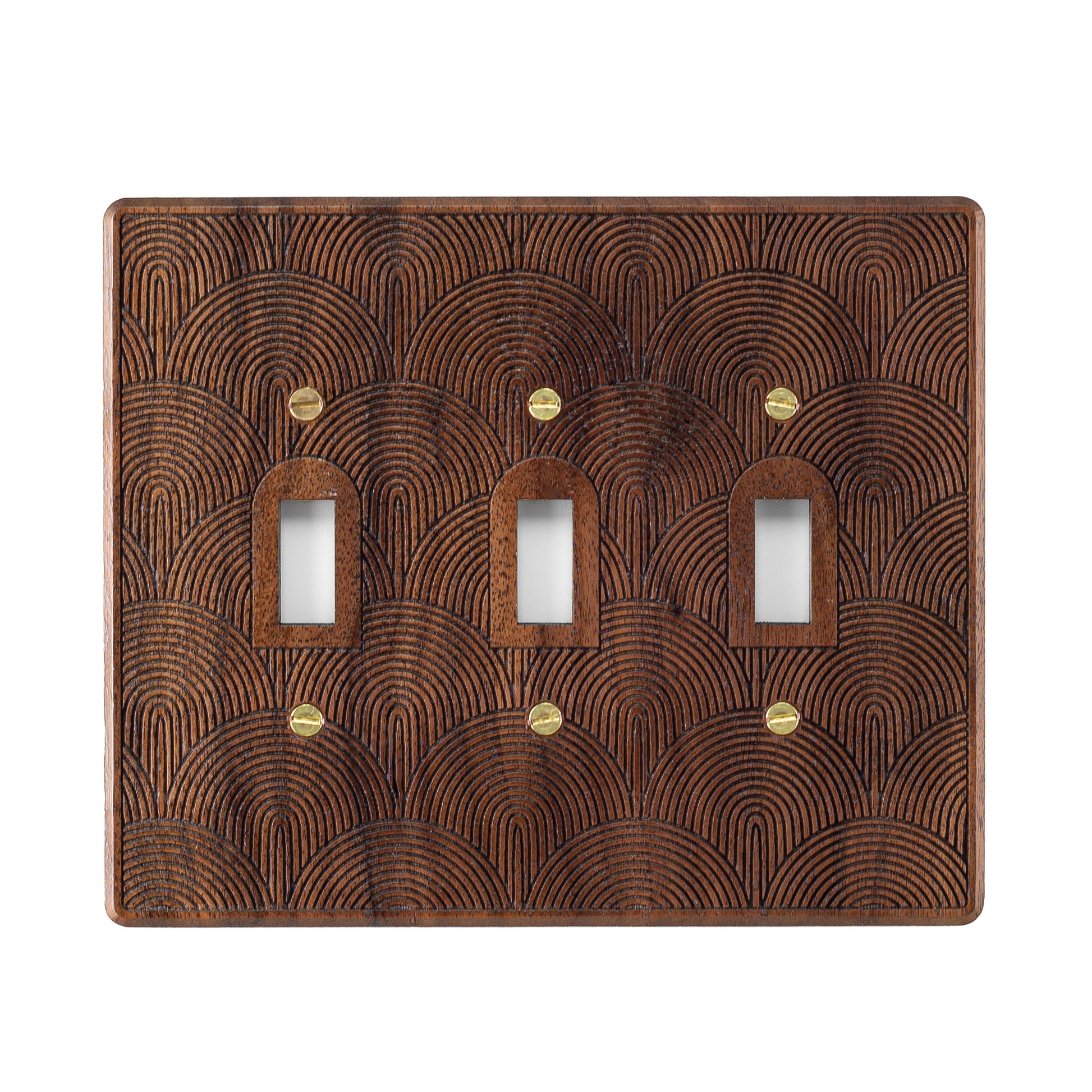 Three Toggle Switch Walnut Wooden Light Switch Cover with Boho Rainbow Engraved Design 