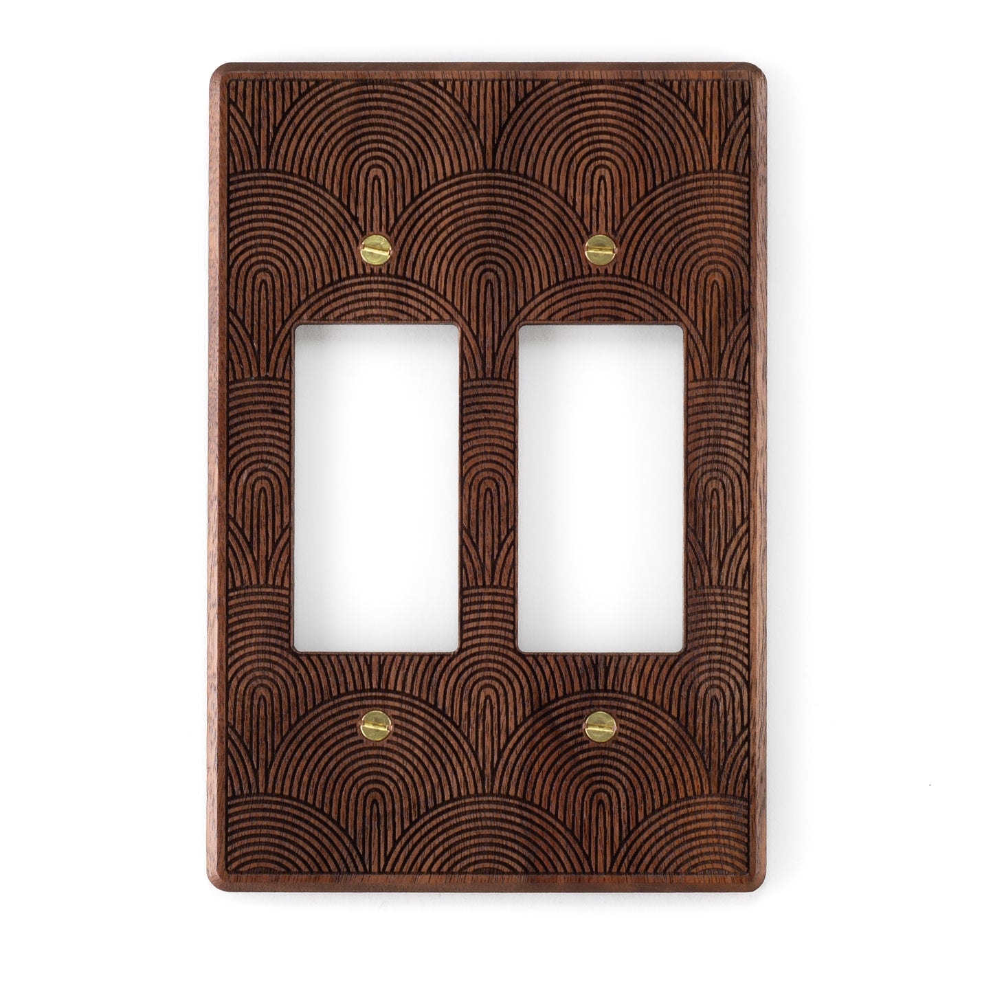 Two Rocker Switch Walnut Wooden Light Switch Cover with Boho Rainbow Engraved Design 