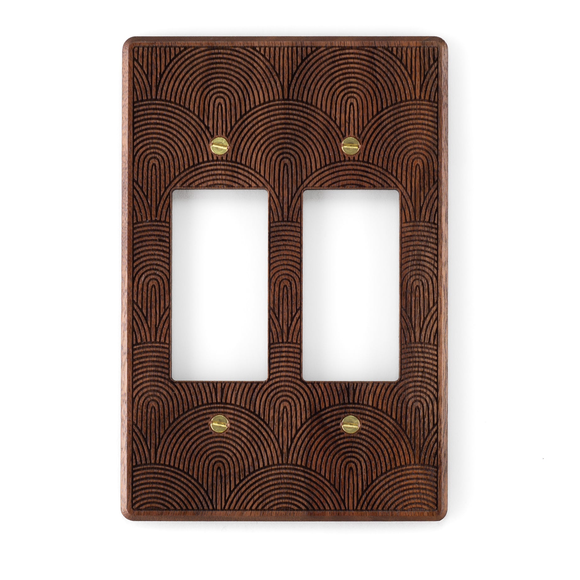 Two Rocker Switch Walnut Wooden Light Switch Cover with Boho Rainbow Engraved Design 