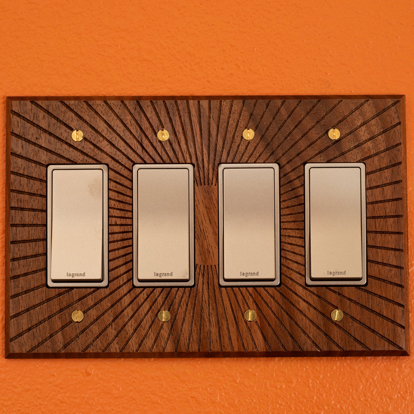 4 Rocker Light switch Cover Walnut with Sunburst Engraving 