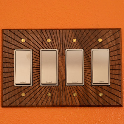 4 Rocker Light switch Cover Walnut with Sunburst Engraving 